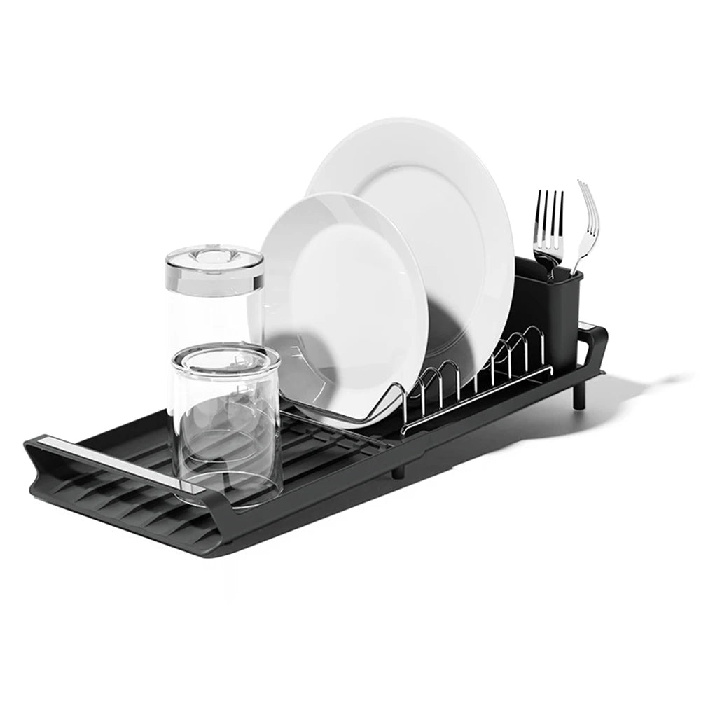 Dish Drying Rack Extendable Dish Rack for Kitchen Countertop with Draining Tray Rustfree Rack for 8 Plates with 2 Utensil Holder