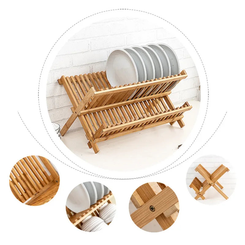 Bamboo Dish Drying Rack Utensil Holder Collapsible Wooden Dish Drainer Rack 2-Tier Folding Drying Holder for Kitchen Counter