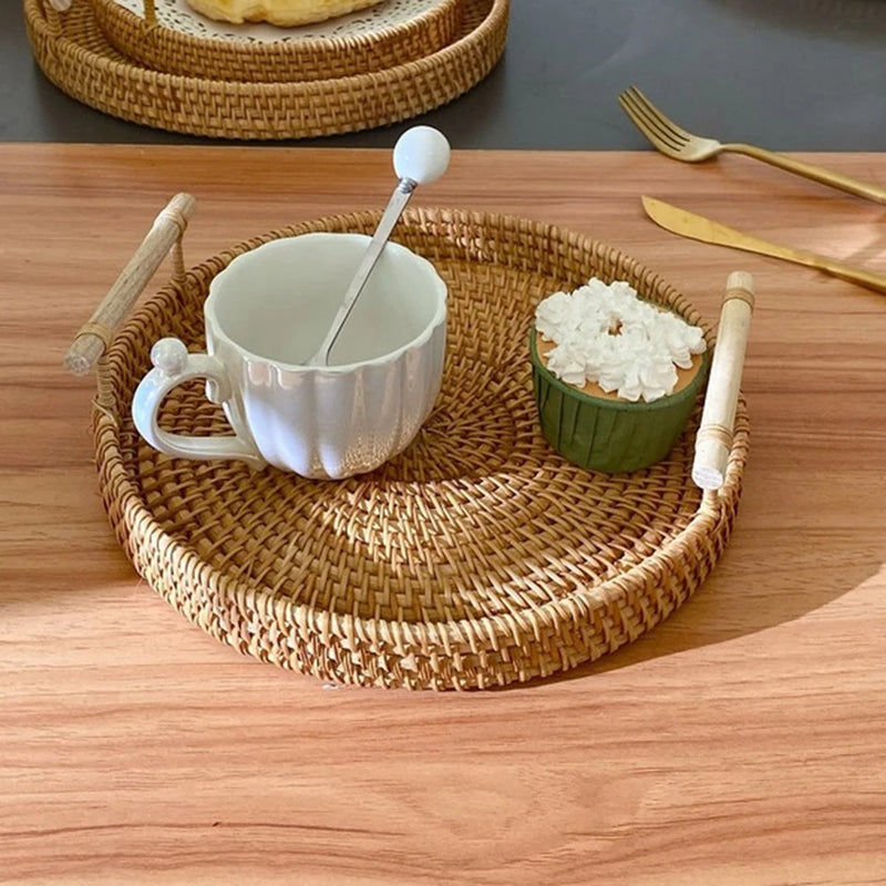 Rattan Handmade Real Rattan Fruit Storage Basket With Wooden Handle Round Wicker Basket Fruit Cake Platter Dinner Serving Tray