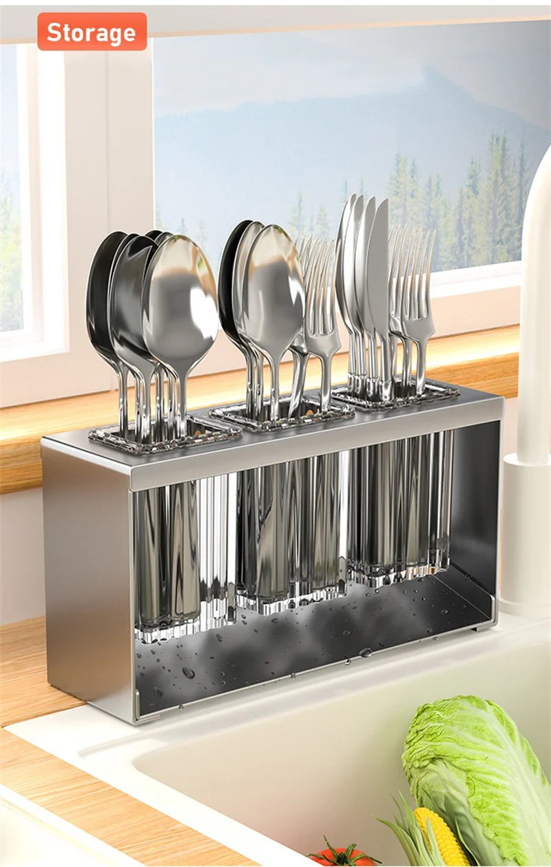 Kitchen Cutlery Organizer Knife Stand Carbon Steel Drain Storage Holder Multifunction Cutlery Storage Rack Bathroom Tray holder
