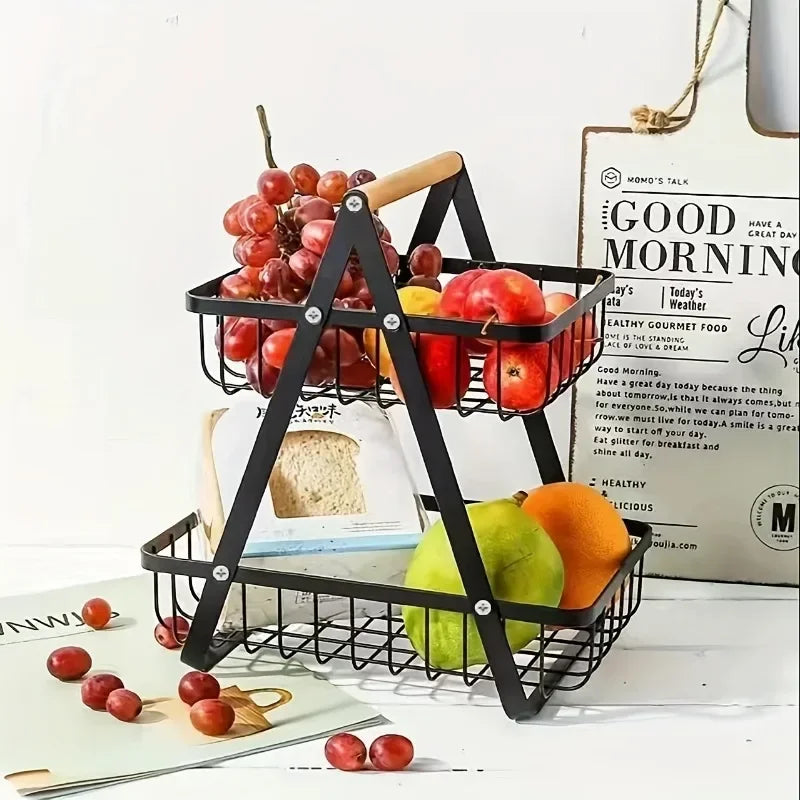 Countertop Fruit Vegetable Basket Removable Kitchen Organizer Shelf with Wooden Handle Bathroom Cosmetic Stand Storage Holder