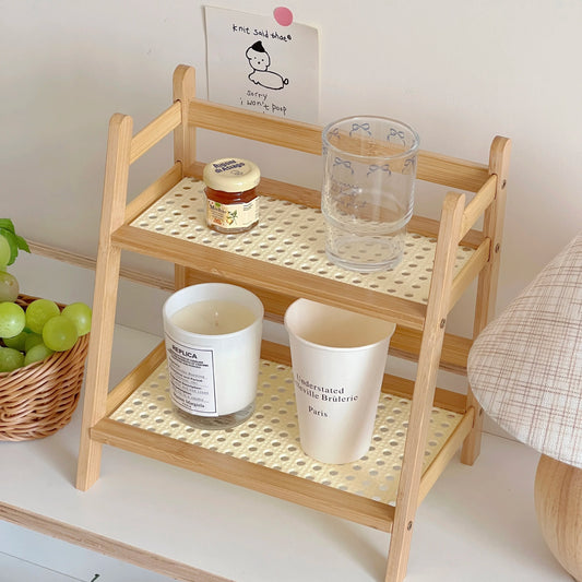 Wooden Storage Shelf for Kitchen Rattan Desktop Organizer Display Rack Spice Rack for Countertop Makeup Organizer for vanity