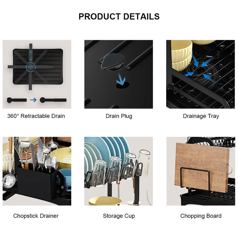 2025 NEW 2-layer countertop tableware storage rack drain plate bowl dish drain rack kitchen dish drain rack with drain rack
