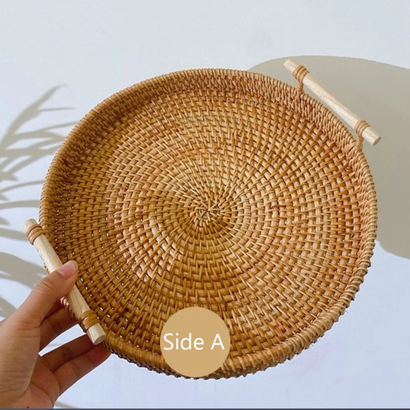 Rattan Handmade Real Rattan Fruit Storage Basket With Wooden Handle Round Wicker Basket Fruit Cake Platter Dinner Serving Tray