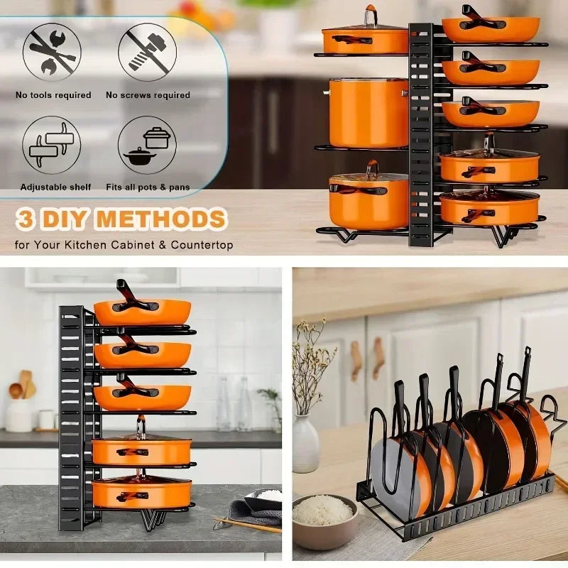 8-Tier Heavy Duty Pot Rack Organizer Kitchen Storage Holders Durable Space-saving Cabinet Holder for Pots Pans and Lids