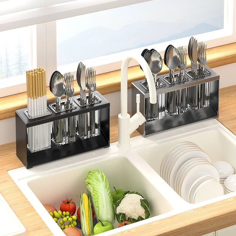 Kitchen Cutlery Organizer Knife Stand Carbon Steel Drain Storage Holder Multifunction Cutlery Storage Rack Bathroom Tray holder