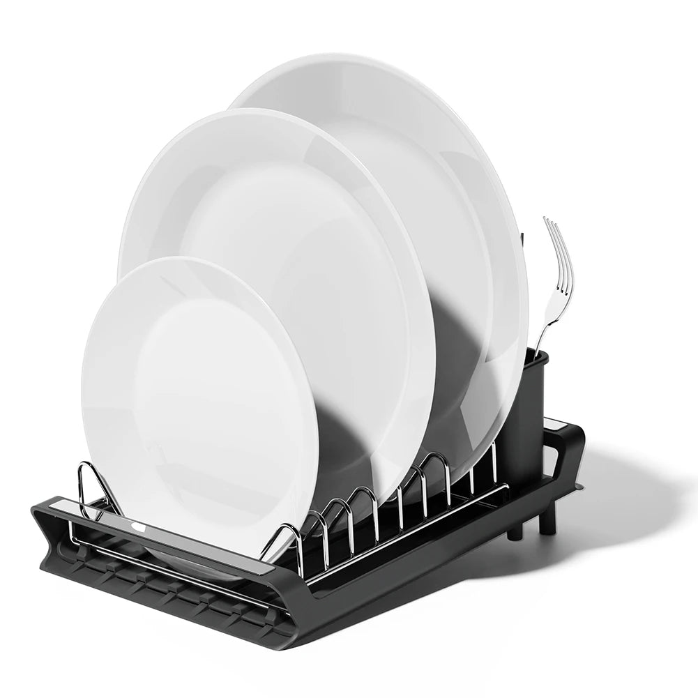 Dish Drying Rack Extendable Dish Rack for Kitchen Countertop with Draining Tray Rustfree Rack for 8 Plates with 2 Utensil Holder