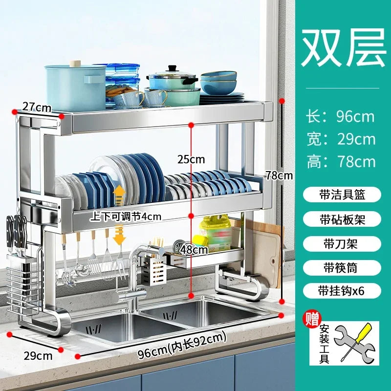304 Stainless Steel Kitchen Shelf Above The Sink Dish Drainer Multifunctional Dish Drying Rack Drainage Ventile Cutlery Organize