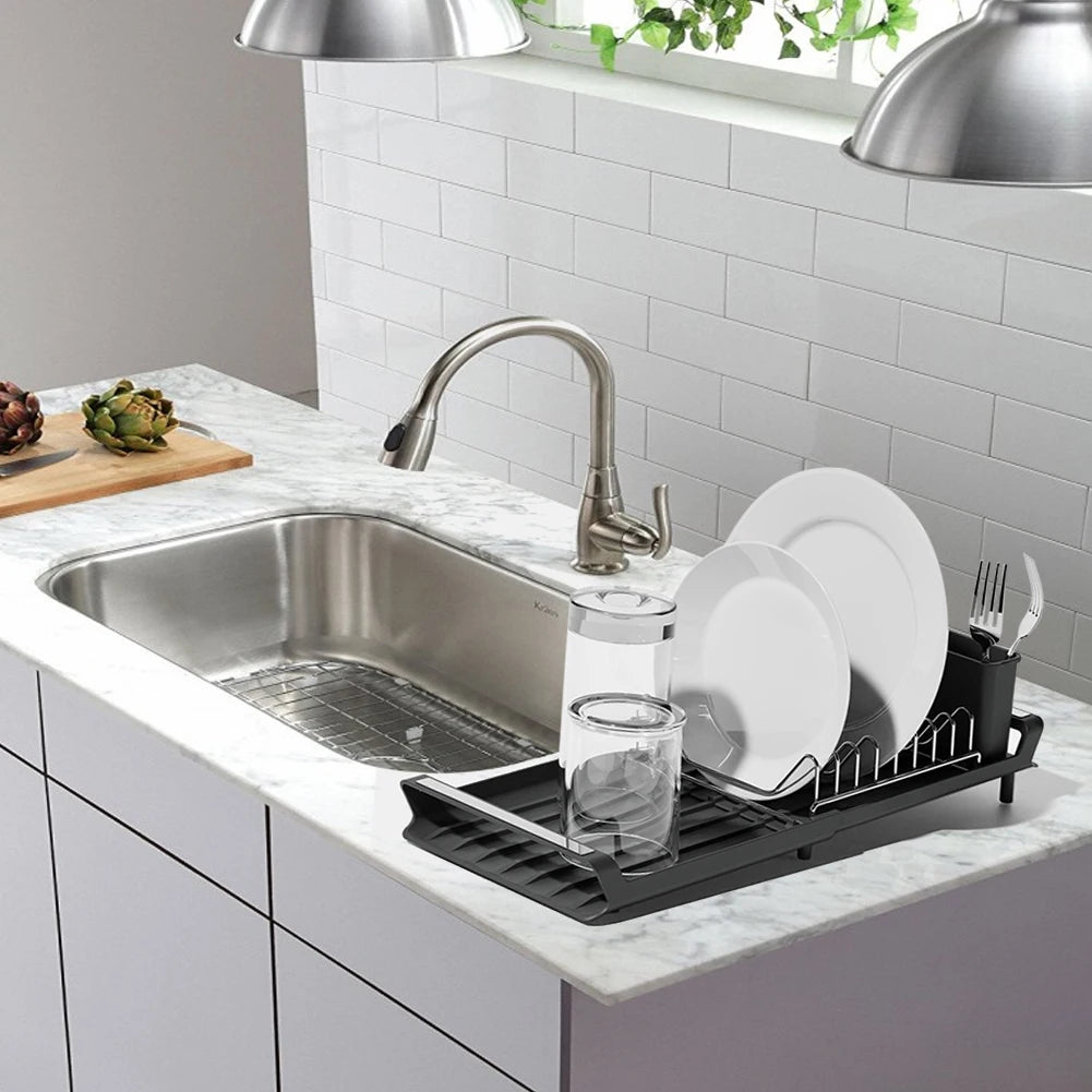 Dish Drying Rack Extendable Dish Rack for Kitchen Countertop with Draining Tray Rustfree Rack for 8 Plates with 2 Utensil Holder