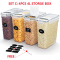 4L Cereal Storage Containers with Lids 1/2/4pcs Airtight Food Moistureproof Tank with Label Stickers Kitchen Organization Box