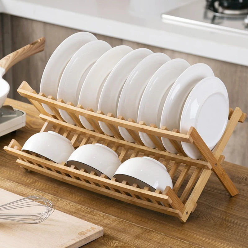Bamboo Dish Drying Rack Utensil Holder Collapsible Wooden Dish Drainer Rack 2-Tier Folding Drying Holder for Kitchen Counter
