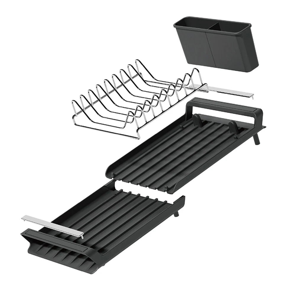 Dish Drying Rack Extendable Dish Rack for Kitchen Countertop with Draining Tray Rustfree Rack for 8 Plates with 2 Utensil Holder