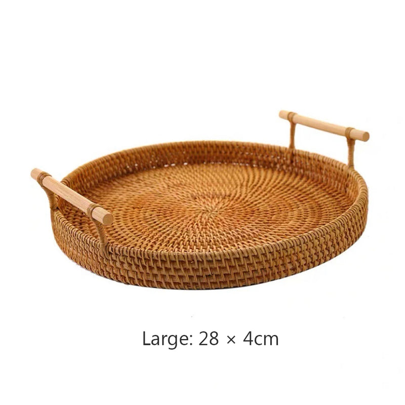 Rattan Handmade Real Rattan Fruit Storage Basket With Wooden Handle Round Wicker Basket Fruit Cake Platter Dinner Serving Tray