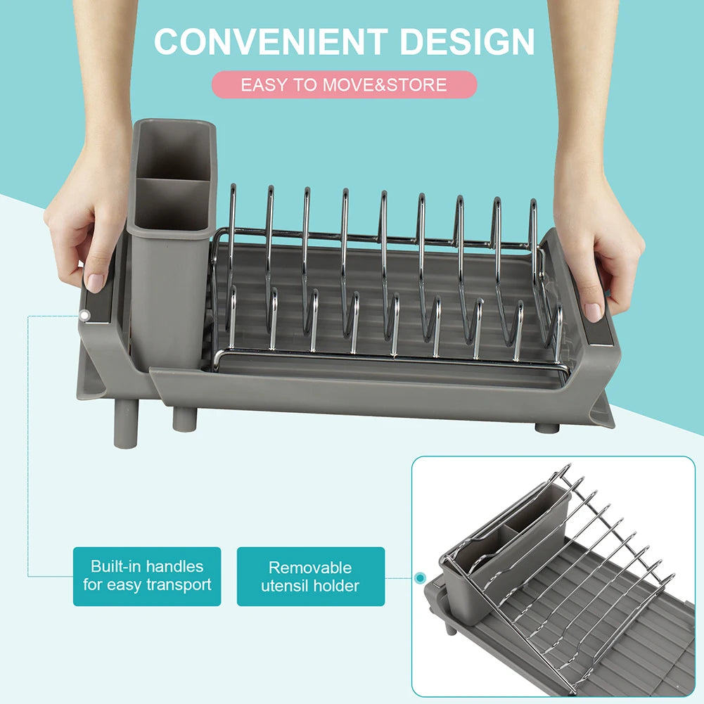 Dish Drying Rack Extendable Dish Rack for Kitchen Countertop with Draining Tray Rustfree Rack for 8 Plates with 2 Utensil Holder