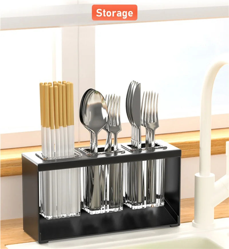 Kitchen Cutlery Organizer Knife Stand Carbon Steel Drain Storage Holder Multifunction Cutlery Storage Rack Bathroom Tray holder