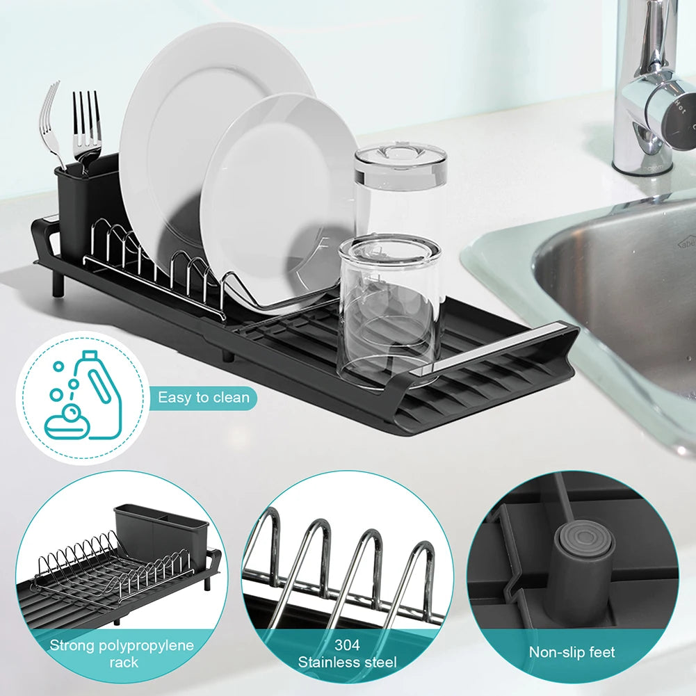 Dish Drying Rack Extendable Dish Rack for Kitchen Countertop with Draining Tray Rustfree Rack for 8 Plates with 2 Utensil Holder