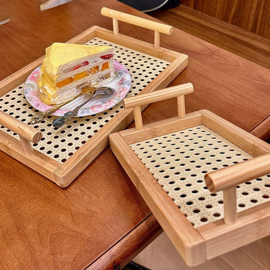 Woven Wooden Basket Wooden Storage Decorative Tray with Handle, Suitable for Kitchen Cabinets and Office Rustic Decoration