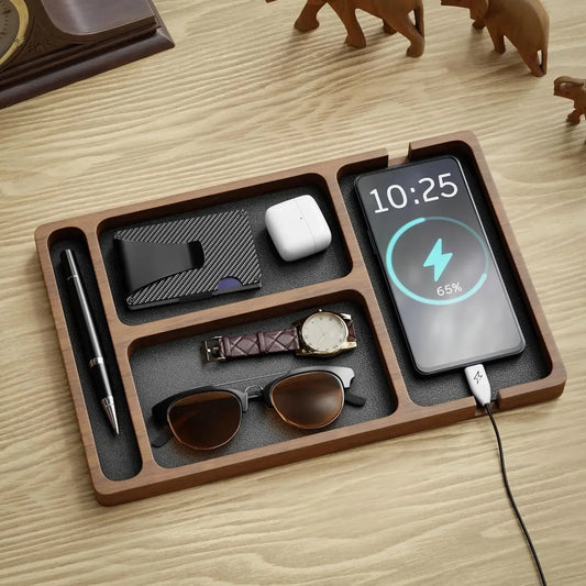 Bandeja Organizadora de Mesa Elegante de Madeira Maciça para Escritório e Casa - ideal para telefone, smartwatch, óculos, carteira, canetas, decoração