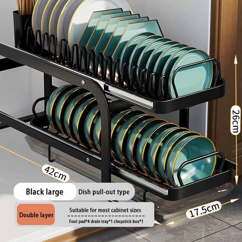 Kitchen Pull-out Dish Bowl Drainer Storage Rack Countertop Sink Cabinet Tableware Built-in Organizer Holder Cupboard Plates Rack