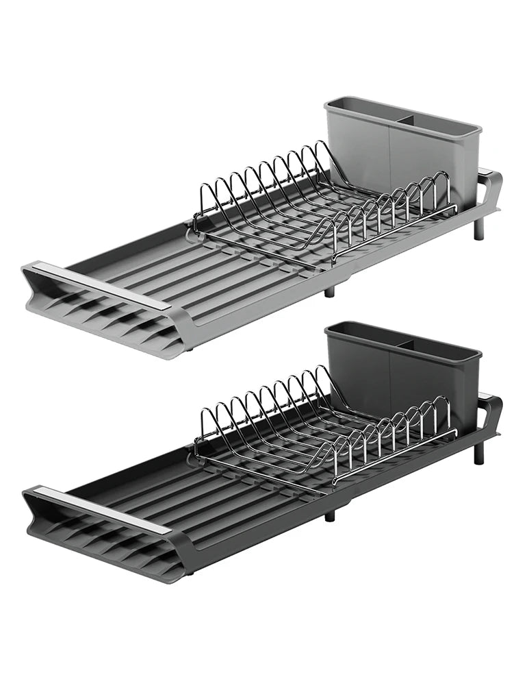 Dish Drying Rack Extendable Dish Rack for Kitchen Countertop with Draining Tray Rustfree Rack for 8 Plates with 2 Utensil Holder