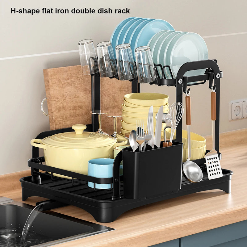 2025 NEW 2-layer countertop tableware storage rack drain plate bowl dish drain rack kitchen dish drain rack with drain rack