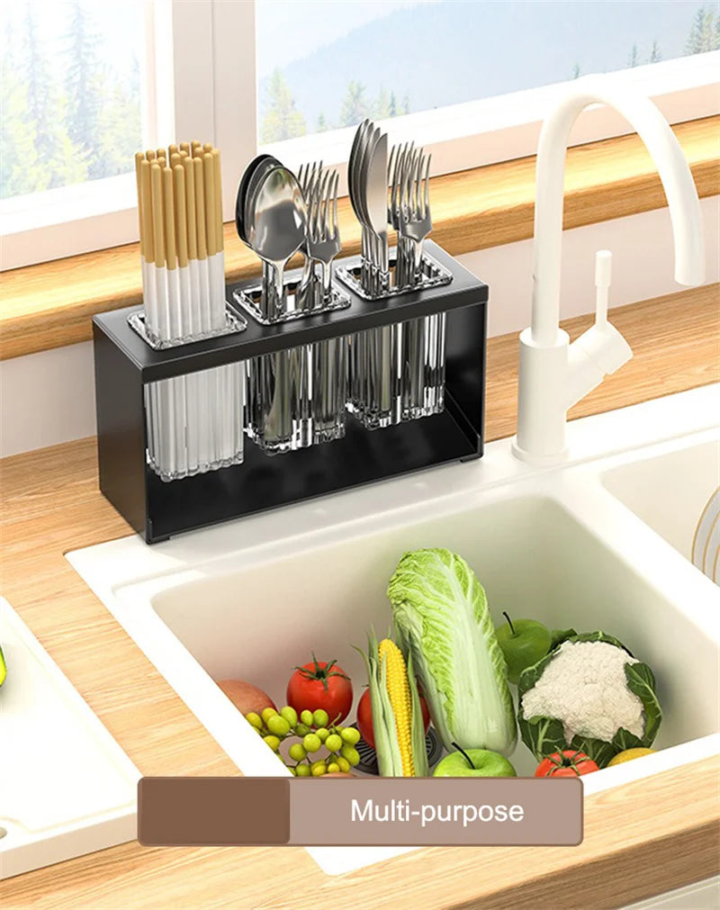 Kitchen Cutlery Organizer Knife Stand Carbon Steel Drain Storage Holder Multifunction Cutlery Storage Rack Bathroom Tray holder