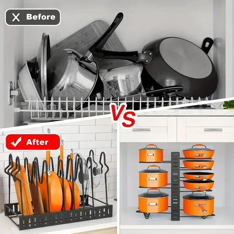 8-Tier Heavy Duty Pot Rack Organizer Kitchen Storage Holders Durable Space-saving Cabinet Holder for Pots Pans and Lids
