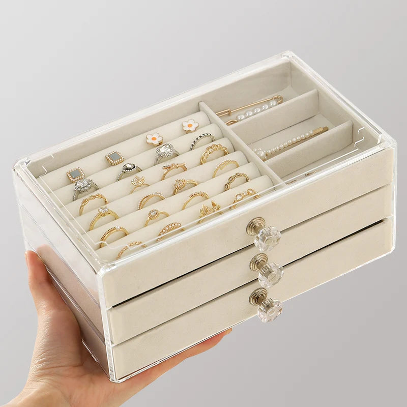 Acrylic Velvet Jewelry Organizer with 3 Drawers Stackable Display Storage Earrings Necklace Bracelets Box Holder Case for Women