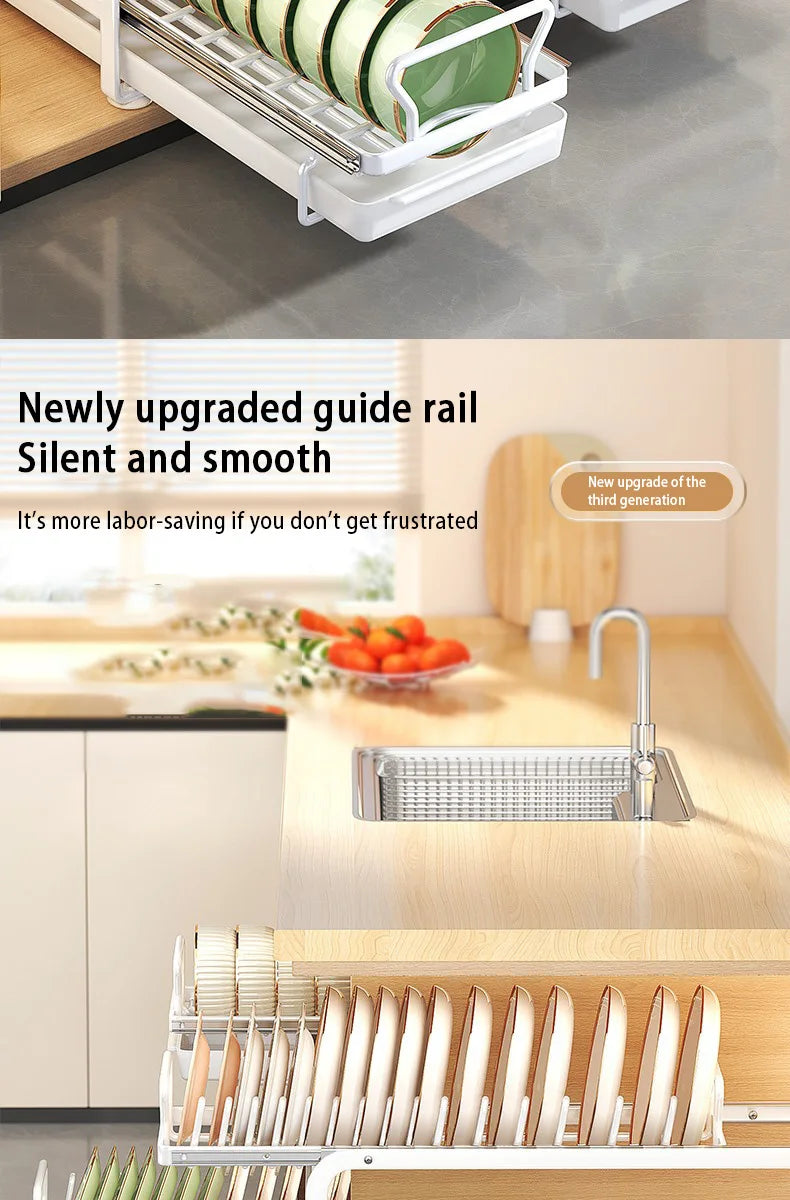 Kitchen Pull-out Dish Bowl Drainer Storage Rack Countertop Sink Cabinet Tableware Built-in Organizer Holder Cupboard Plates Rack