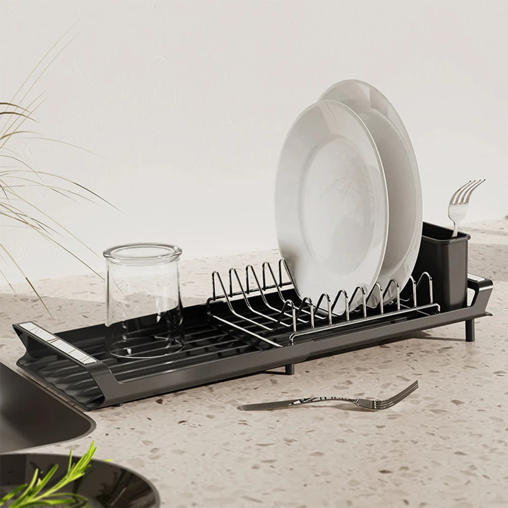 Dish Drying Rack Extendable Dish Rack for Kitchen Countertop with Draining Tray Rustfree Rack for 8 Plates with 2 Utensil Holder