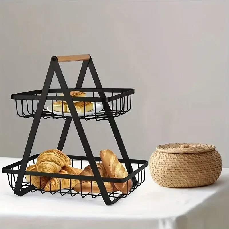 Countertop Fruit Vegetable Basket Removable Kitchen Organizer Shelf with Wooden Handle Bathroom Cosmetic Stand Storage Holder