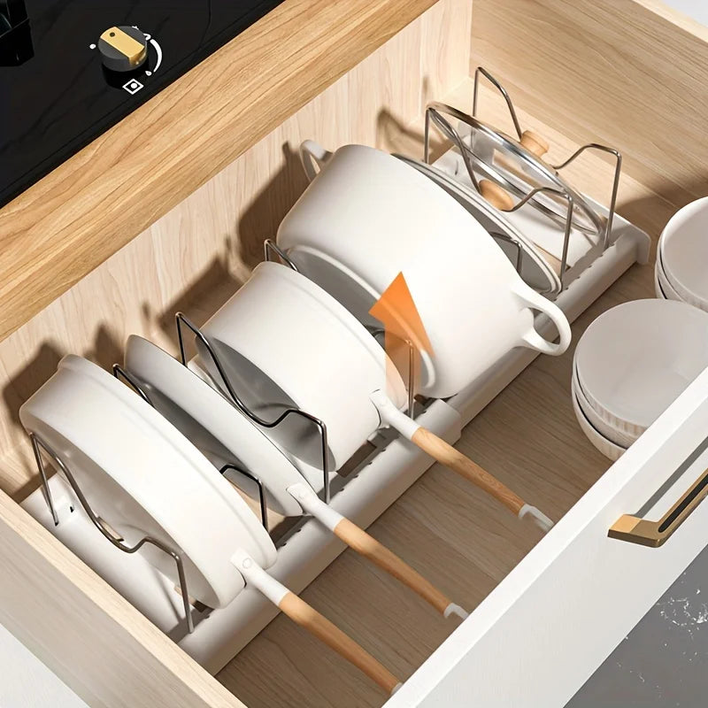 Sistema Organizador de Panelas Expansível para Armário de Cozinha, Divisor Ajustável, Solução Inteligente de Armazenamento Multiuso para Panelas, Frigideiras e Tampas