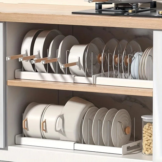 Sistema Organizador de Panelas Expansível para Armário de Cozinha, Divisor Ajustável, Solução Inteligente de Armazenamento Multiuso para Panelas, Frigideiras e Tampas
