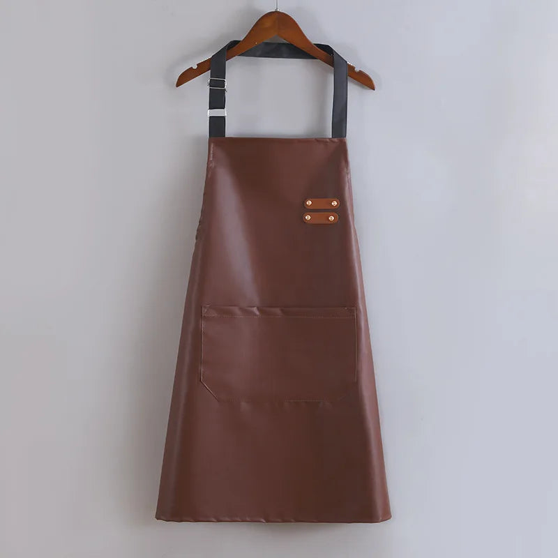 PU Leather Waterproof and Oil Resistant Apron Kitchen Workwear Home Cooking Cleaning Unisex Sleeveless Apron Adjustable
