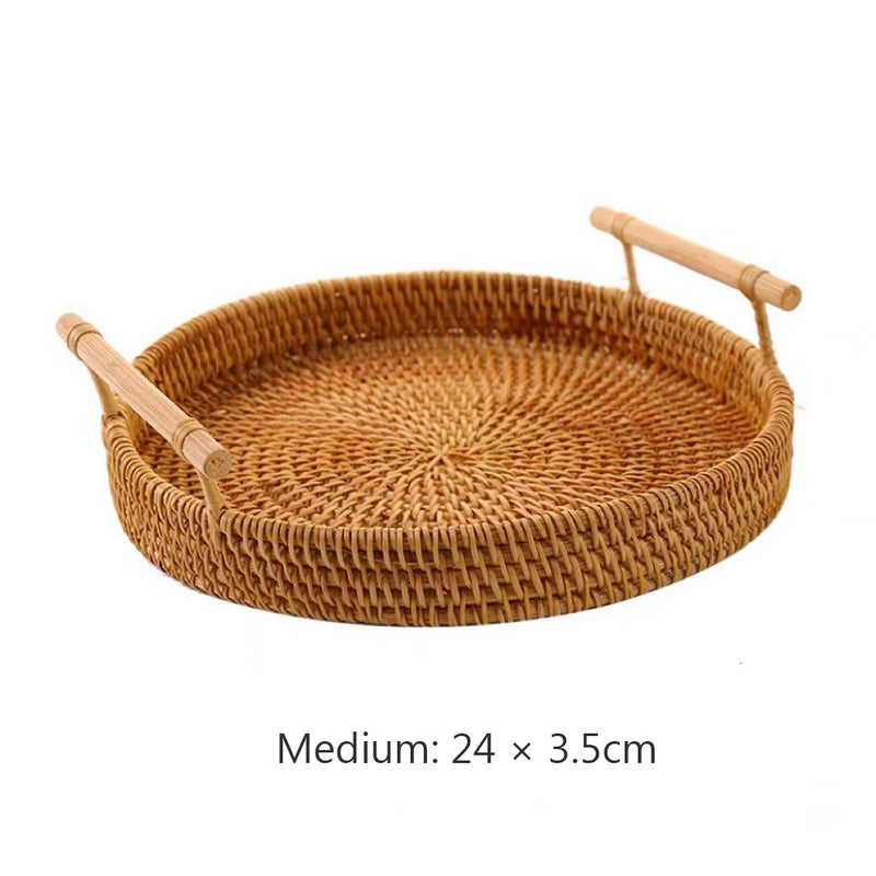 Rattan Handmade Real Rattan Fruit Storage Basket With Wooden Handle Round Wicker Basket Fruit Cake Platter Dinner Serving Tray