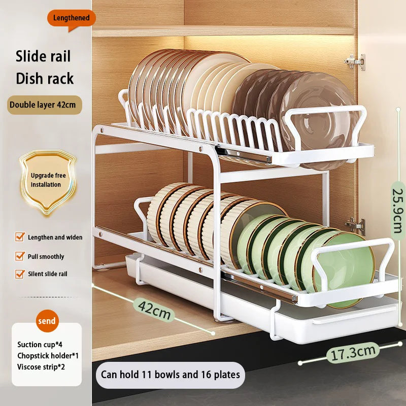 Kitchen Pull-out Dish Bowl Drainer Storage Rack Countertop Sink Cabinet Tableware Built-in Organizer Holder Cupboard Plates Rack