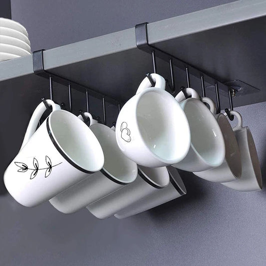 Suporte Metálico Organizador de Xícaras e Canecas Para Prateleiras ou Armários de Cozinha, Área Gourmet, Lavanderia, Fixação Simples e Sem pregos ou parafusos
