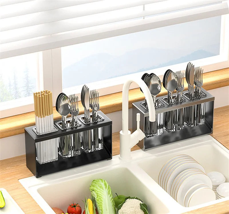 Kitchen Cutlery Organizer Knife Stand Carbon Steel Drain Storage Holder Multifunction Cutlery Storage Rack Bathroom Tray holder