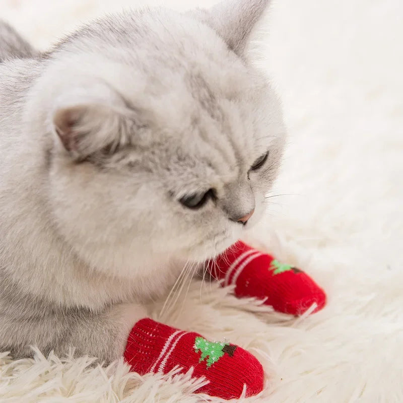 4pcs Cute Cat Socks, Anti-Slip Paw Protector, Comfortable Cotton Knit Indoor Shoes for Small Cats, Autumn Winter Pet Footwear
