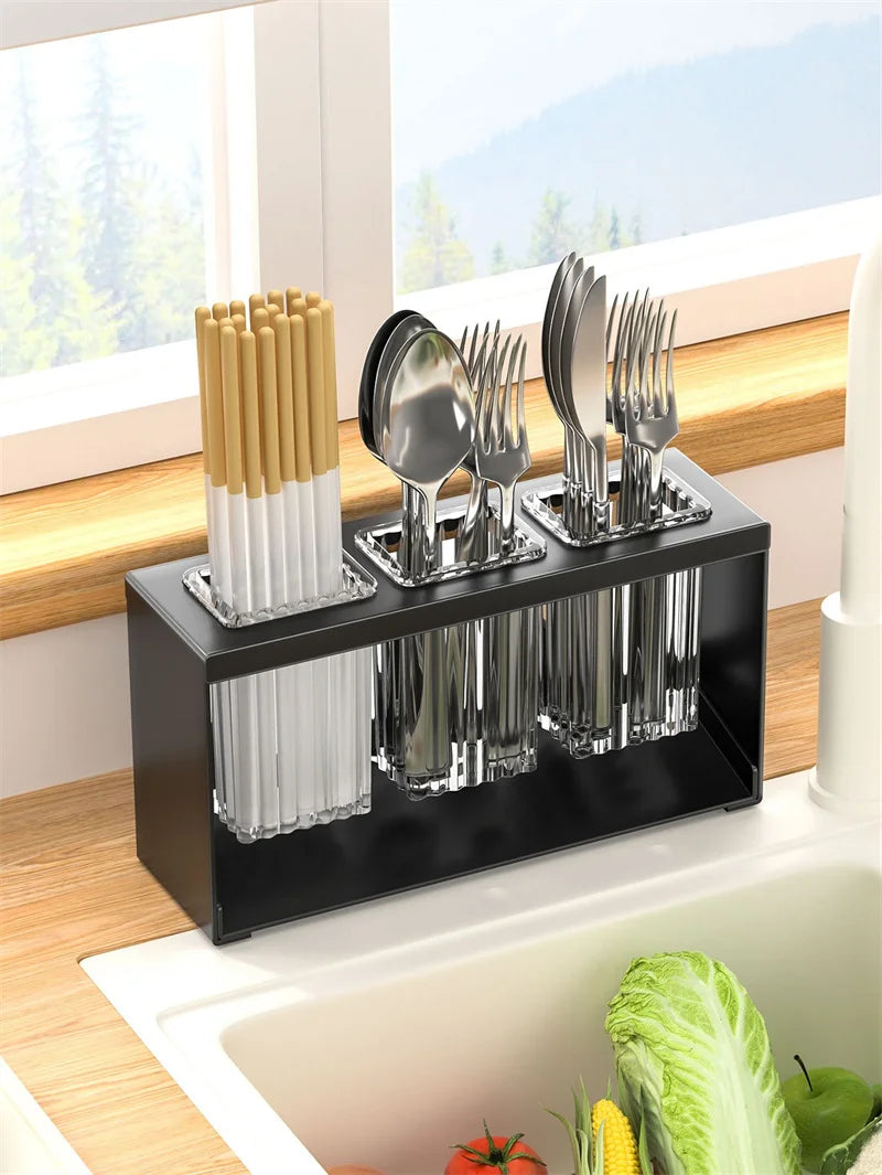 Kitchen Cutlery Organizer Knife Stand Carbon Steel Drain Storage Holder Multifunction Cutlery Storage Rack Bathroom Tray holder