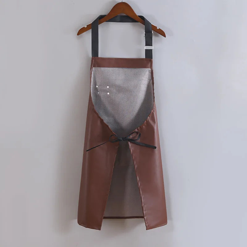 PU Leather Waterproof and Oil Resistant Apron Kitchen Workwear Home Cooking Cleaning Unisex Sleeveless Apron Adjustable