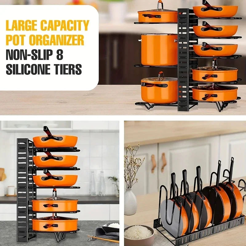8-Tier Heavy Duty Pot Rack Organizer Kitchen Storage Holders Durable Space-saving Cabinet Holder for Pots Pans and Lids
