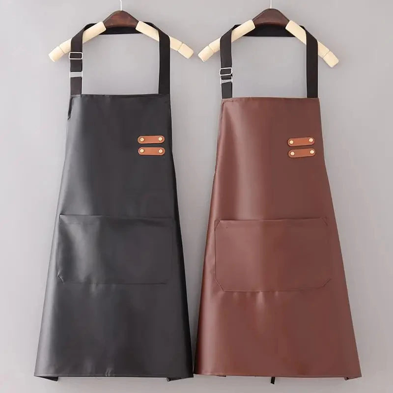 PU Leather Waterproof and Oil Resistant Apron Kitchen Workwear Home Cooking Cleaning Unisex Sleeveless Apron Adjustable