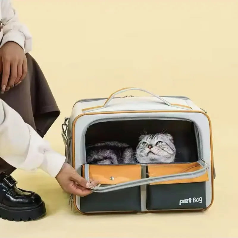 Portable Pet Carrier Backpack for Cats & Small Dogs, Travel-Friendly Cat Cage Bag with Adjustable Shoulder Strap & Pull Handle,