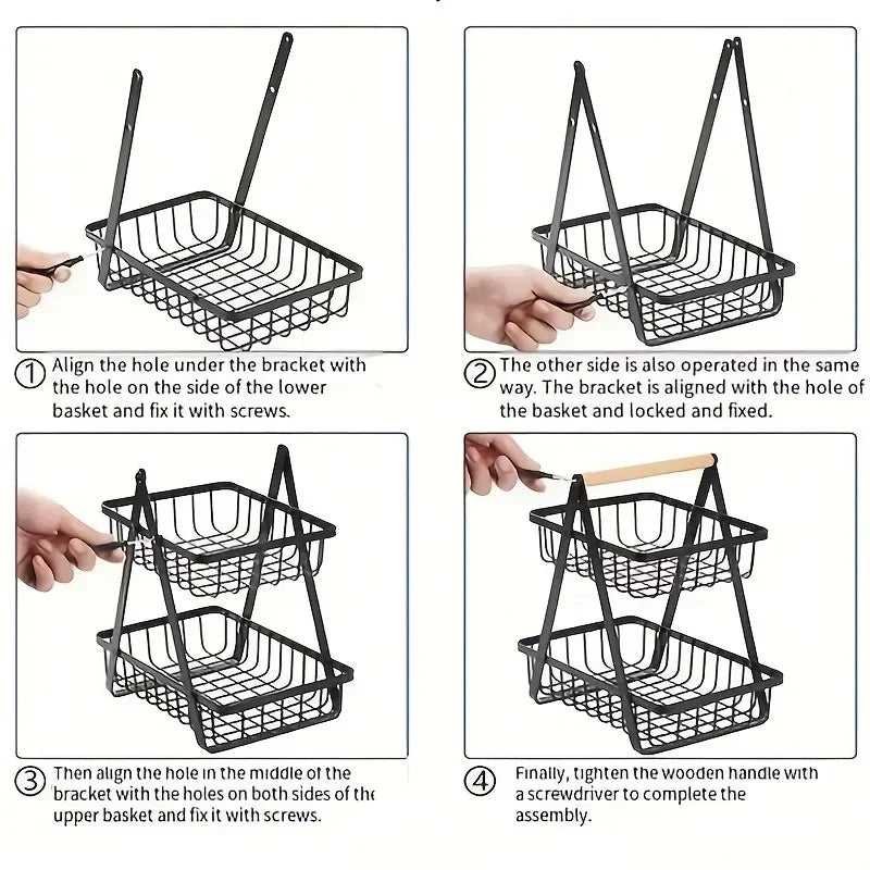 Countertop Fruit Vegetable Basket Removable Kitchen Organizer Shelf with Wooden Handle Bathroom Cosmetic Stand Storage Holder