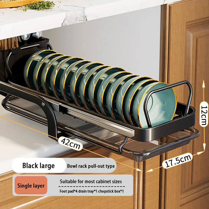 Kitchen Pull-out Dish Bowl Drainer Storage Rack Countertop Sink Cabinet Tableware Built-in Organizer Holder Cupboard Plates Rack