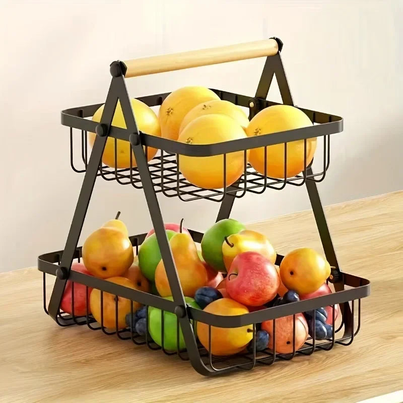 Countertop Fruit Vegetable Basket Removable Kitchen Organizer Shelf with Wooden Handle Bathroom Cosmetic Stand Storage Holder