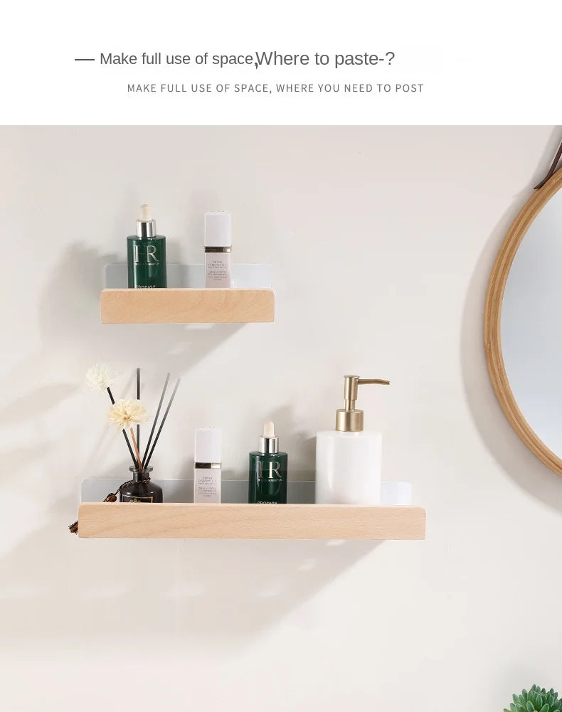 Bathroom Storage Shelves，Wooden bathroom Rack Wall-Mounted Punch-Free, Seasoning Board shower Storage Rack，bath shelf organizer