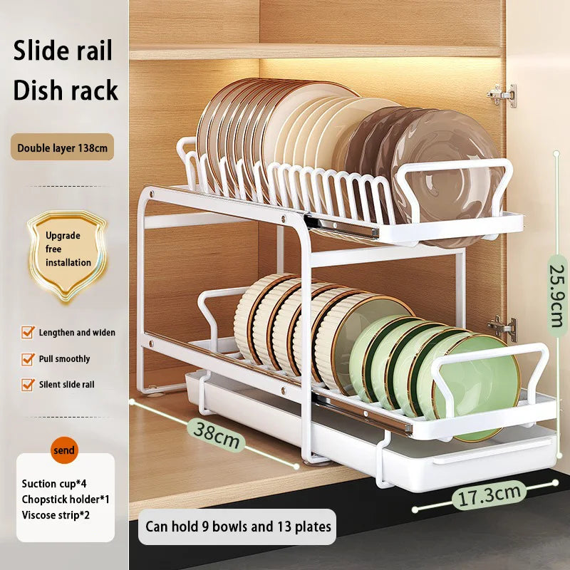 Kitchen Pull-out Dish Bowl Drainer Storage Rack Countertop Sink Cabinet Tableware Built-in Organizer Holder Cupboard Plates Rack