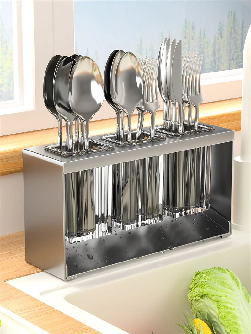 Kitchen Cutlery Organizer Knife Stand Carbon Steel Drain Storage Holder Multifunction Cutlery Storage Rack Bathroom Tray holder